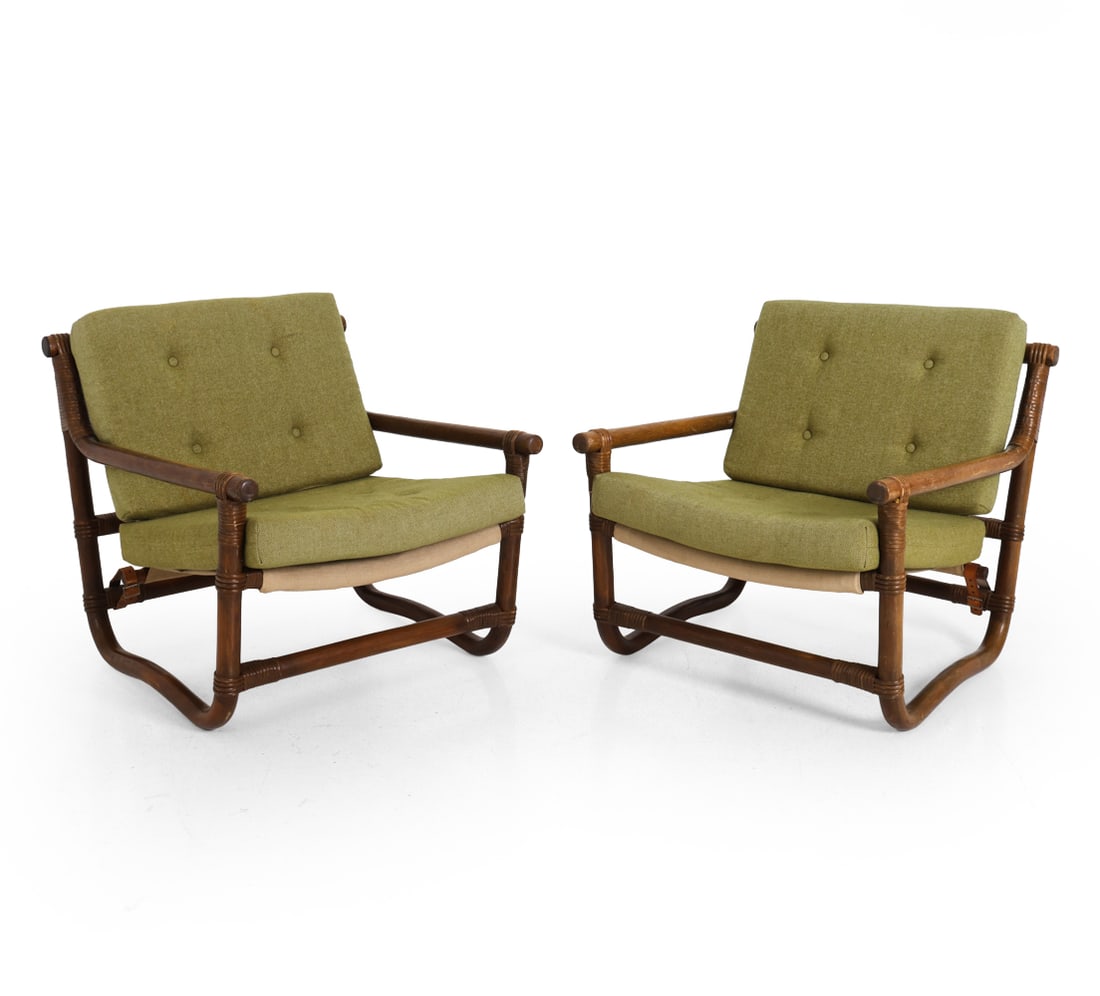 PAIR OF SCANDINAVIAN BAMBOO & RATTAN LOUNGE CHAIRS (1 of 14)