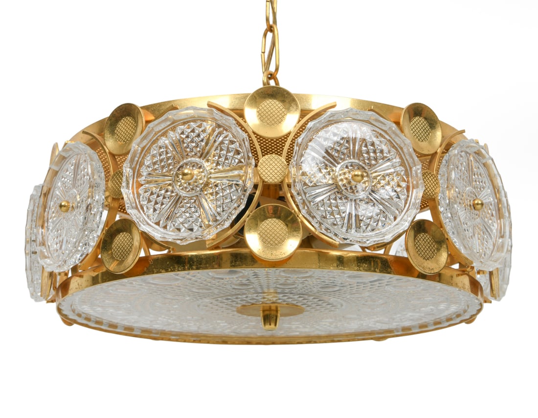 CARL FAGERLUND FOR ORREFORS PENDANT CHANDELIER: Sweden, circa 1960s. Brass frame with crystal. Apparently unmarked. Dimensions: H 38" x W 13" Condition: Natural patina of brass, wear consistent with age and use. Untested.