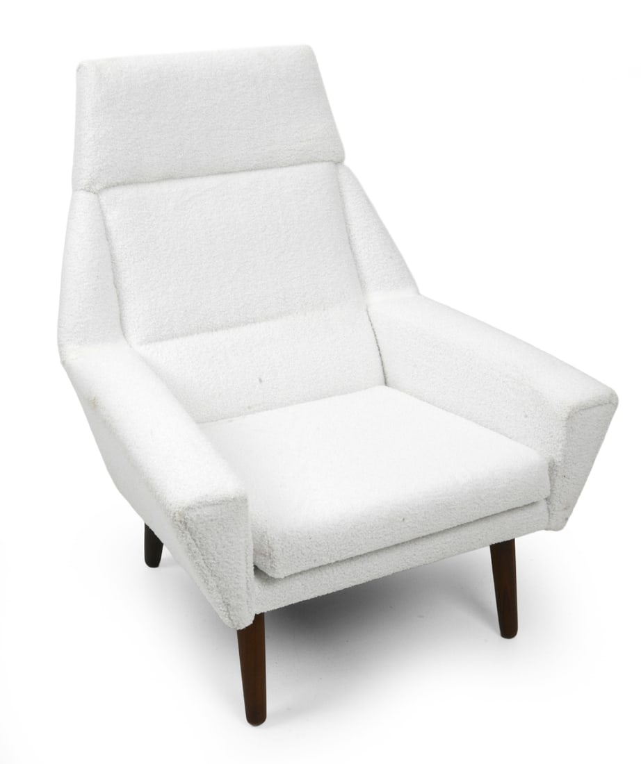 OHLSSON STYLE SWEDISH BOUCLE LOUNGE CHAIR: Recently upholstered. Dimensions: H 40" x W 30.5" x D 19.5" x SH 19.5" Condition: Minor scuffs on wood, wear consistent with age and use.