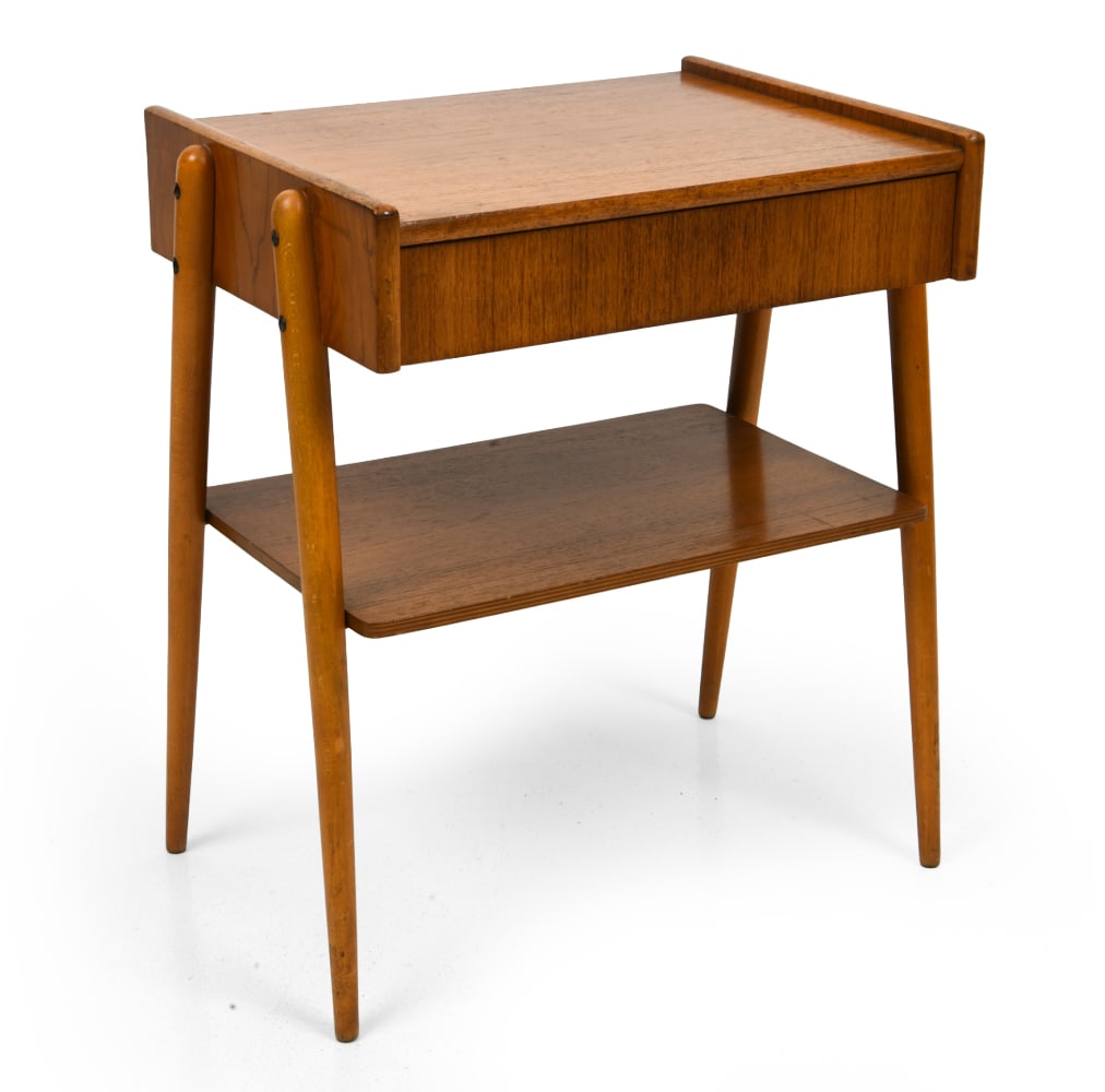 ATTR. AB CARLSTROM & CO. SWEDISH TEAK NIGHTSTAND: Apparently unmarked. Sweden, circa 1960s. Dimension: H 20.5" x W 17.25" x D 12.75" Condition: Faint dings and scuffs to legs and table top, Wear consistent with age and use F039 T