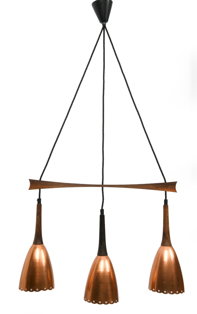 BENT KARLBY STYLE ROSEWOOD & COPPER CHANDELIER: Rosewood frame and copper shades with star-shaped perforated edges. Scandinavian, circa 1960s. Dimensions: H 16.5" x W 24.5" x D 5.5". Condition: Wiring untested. Scuffs. scratches and rubs to