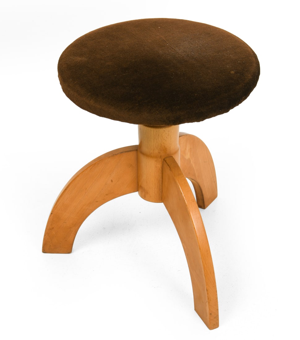 DISCACCIATI ERMINIO & FIGLIO ITALIAN PIANO STOOL: Adjustable beech legs. Marked underneath. Italy, circa 1970s. Dimensions: H 19" x Dia 16" Condition: Wear consistent with age and use. Scuffs, discoloration to legs. Light fading to seat. F027