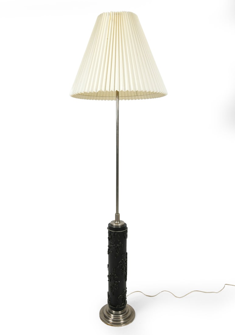 ART DECO INDUSTRIAL WALLPAPER ROLLER FLOOR LAMP: Europe, circa 20th century. Nickel plated brass, wood. Dimensions: H 68.5" x W 21.5" Condition: Natural patina on metal. base has minor scuffs, Wear consistent with age and use.