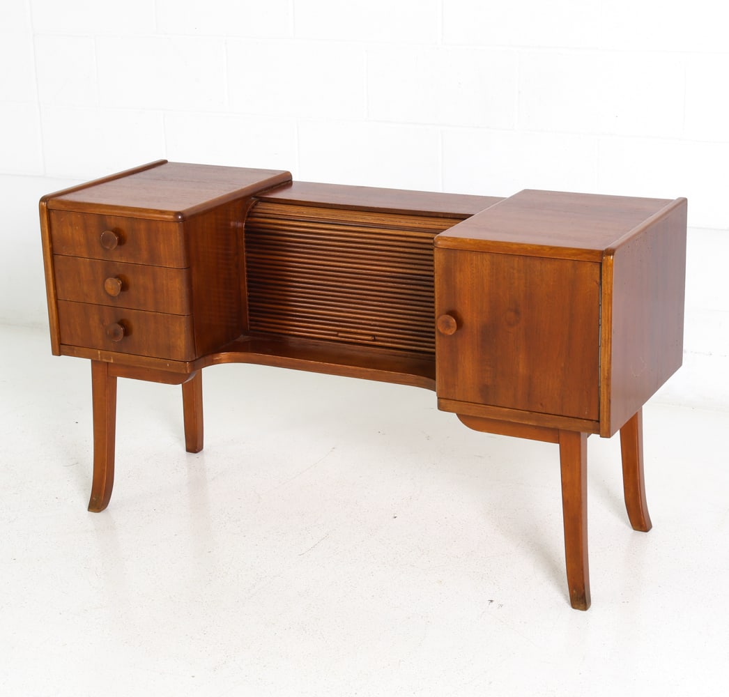 SCANDINAVIAN MAHOGANY TAMBOUR VANITY DESK C. 1940S (1 of 16)
