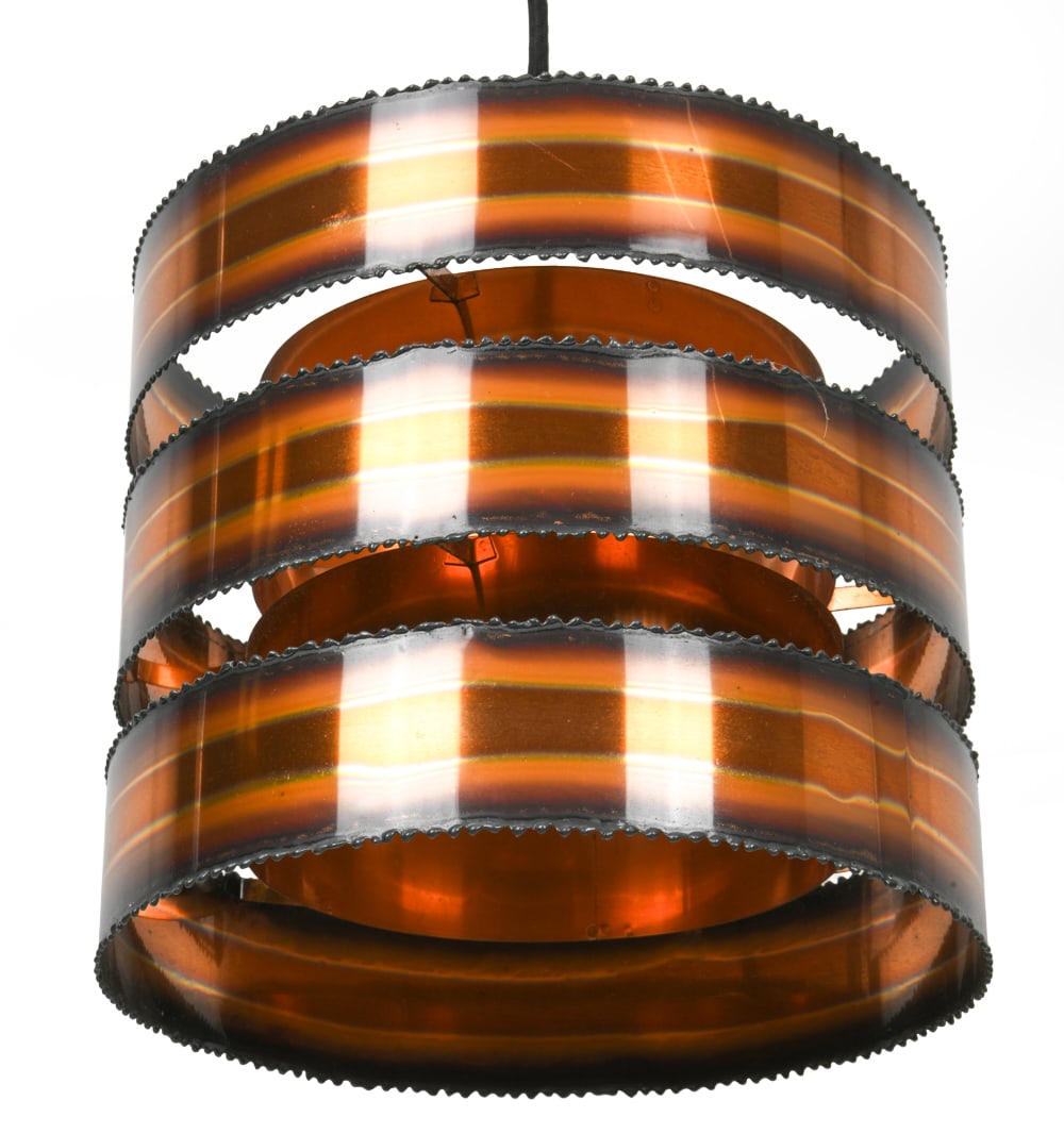 SVEND AAGE HOLM SORENSEN COPPER PENDANT LIGHT: Apparently unmarked. Denmark, circa 1960s. Dimensions: H 10" x Dia. 9.25". Condition: Wiring untested. Light scuffs. Wear consistent with age and use.