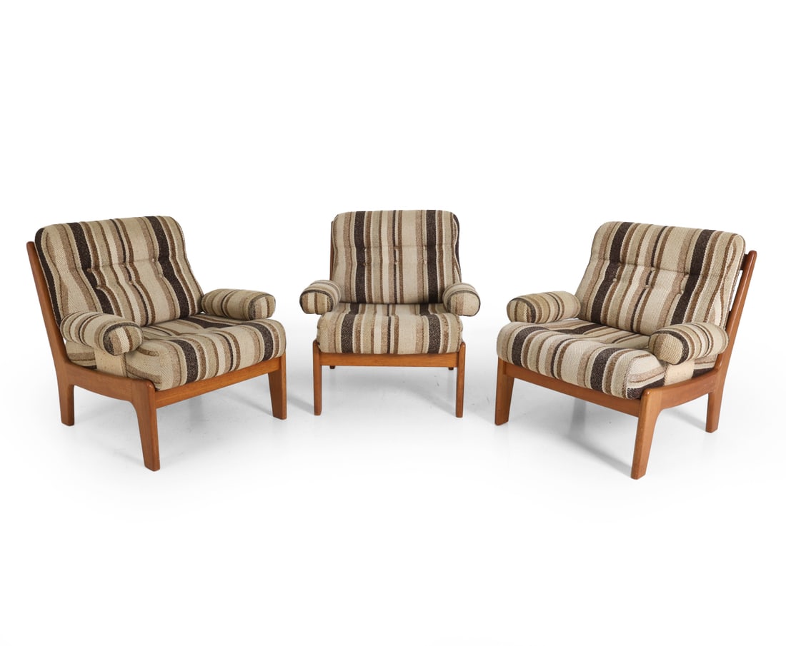 SCANDINAVIAN TEAK LOUNGE CHAIR GROUP C. 1960S: Dimensions: H 31" x W 24" x D 32" x SH 16.5". Condition: Light scuffs and small dings to frames. Wear consistent with age and use. F077