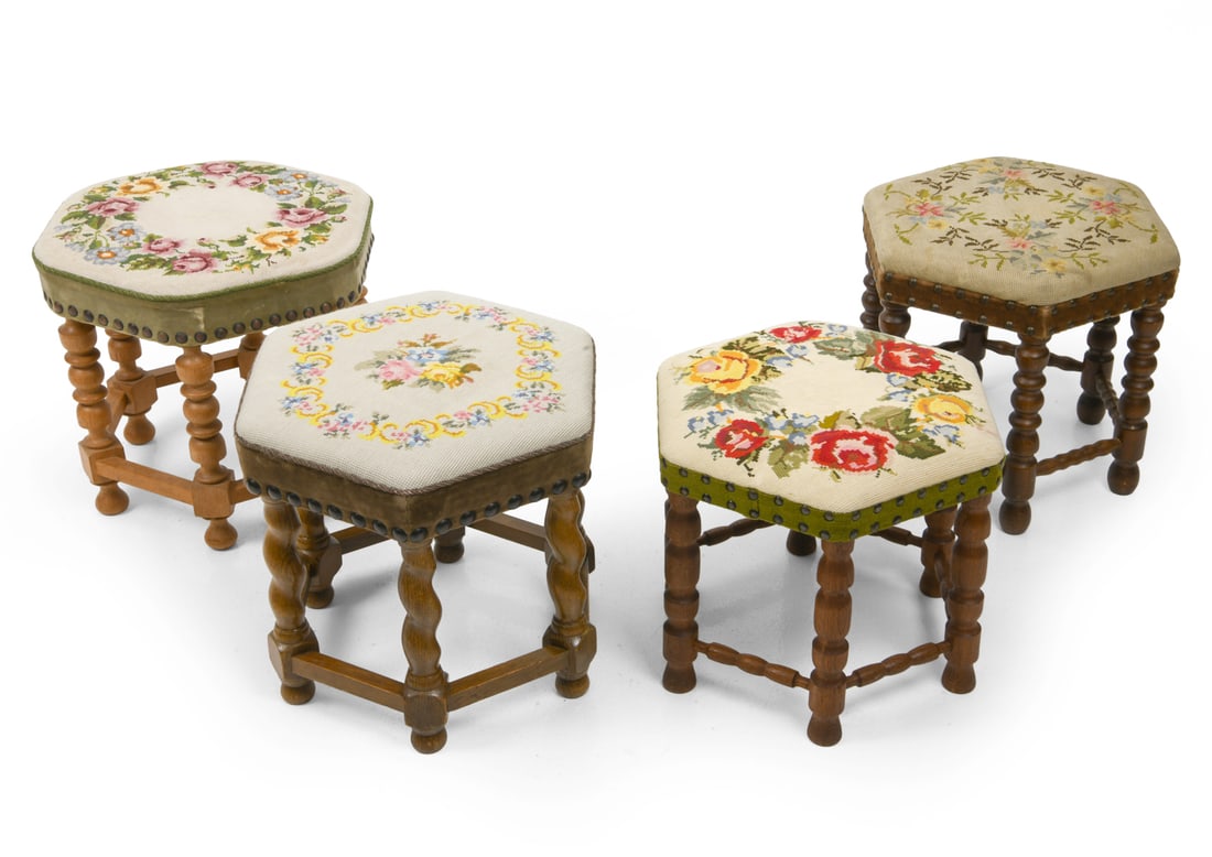 (4) SCANDINAVIAN OAK STOOLS C. 1950S: (4) Stools with needlepoint upholstery and turned wooden legs. Dimensions: H 12.25" x Dia 15.5" Condition: Wear consistent with age and use. Minor scuffs and nicks. Minor damage to underside panel of 