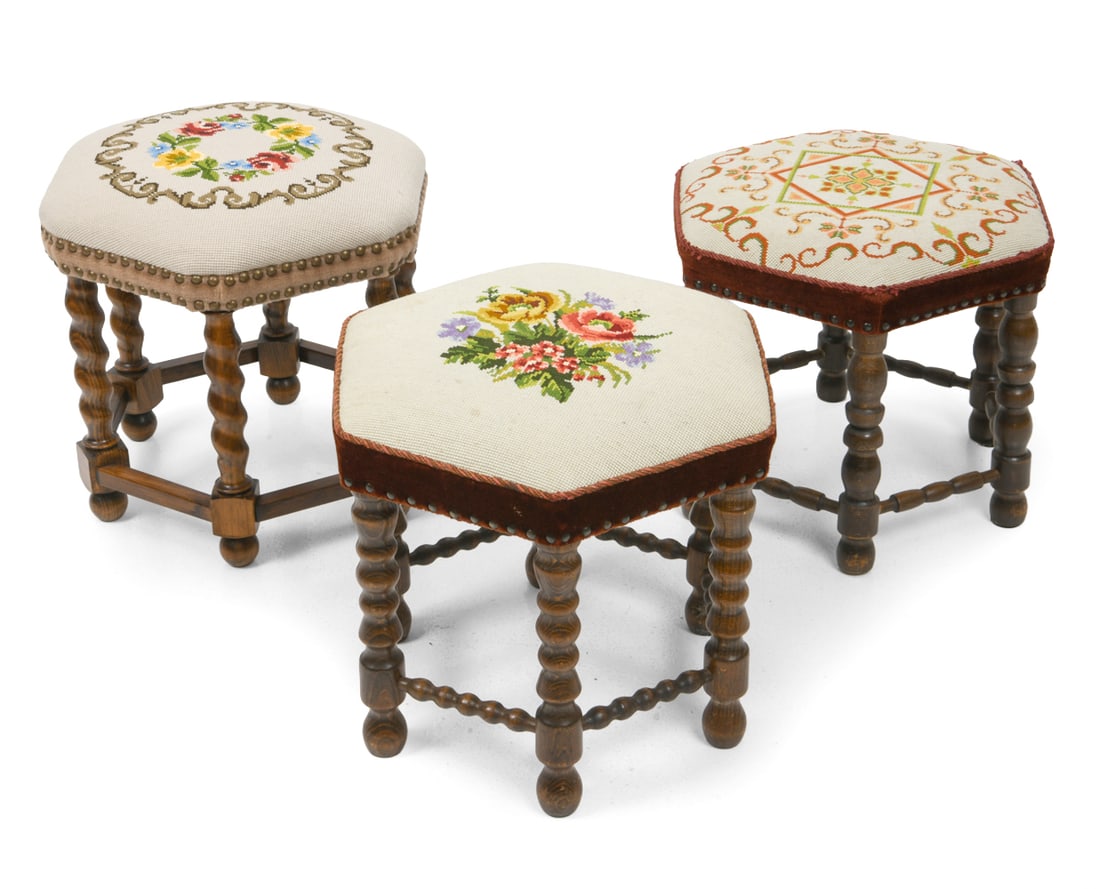 (3) SCANDINAVIAN OAK STOOLS C. 1950S: (3) Stools with needlepoint upholstery and turned wooden legs. Dimensions: (Largest) H 13.25" x Dia 15.25" Condition: Wear consistent with age and use. Nicks to legs. F006