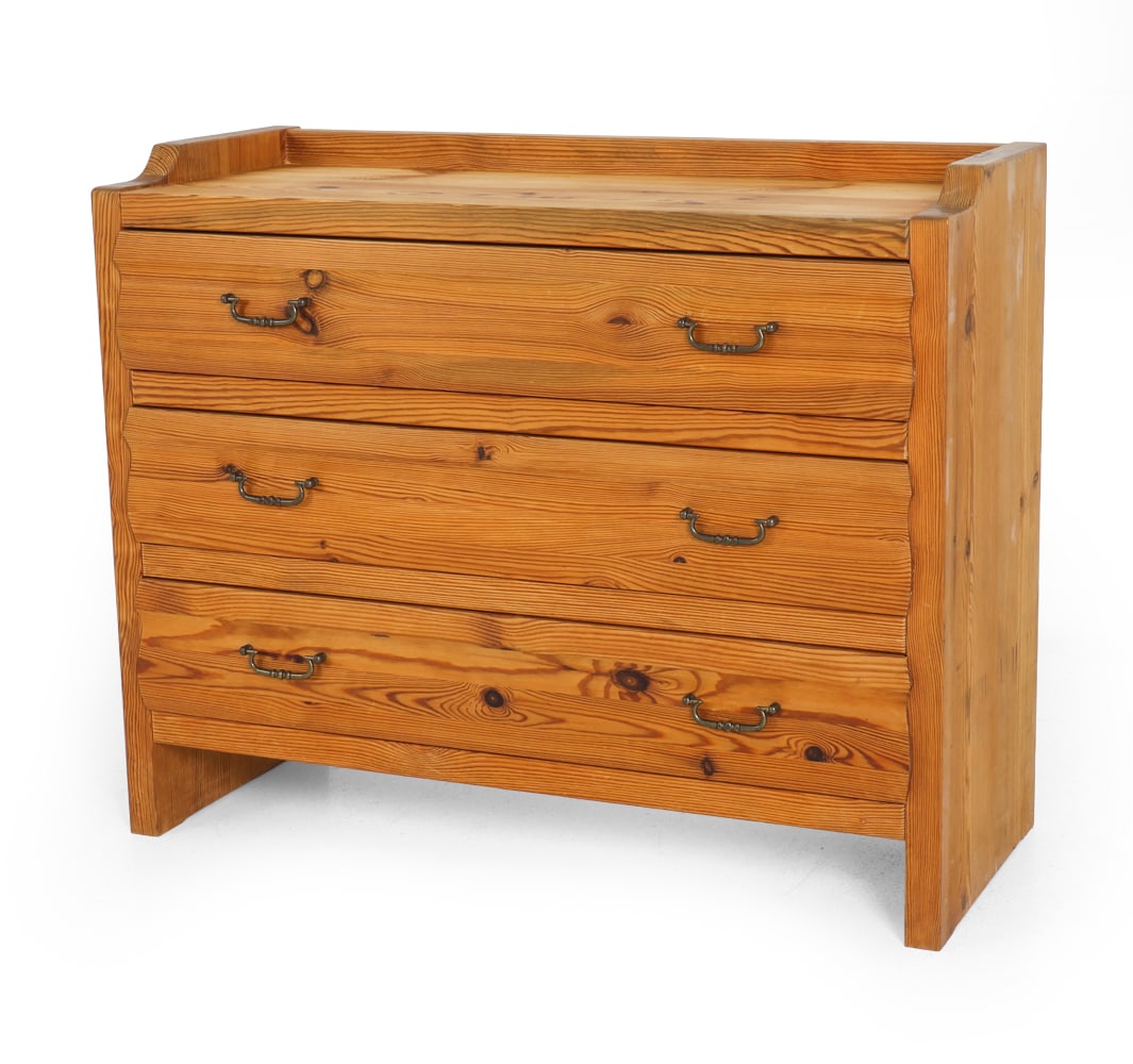 SCANDINAVIAN PINE CHEST OF DRAWERS C. 1970S: Dimensions: H 30.5" x W 39.5" x D 16". Condition: Scuffs and fading. Small dents. Wear consistent with age and use. F156