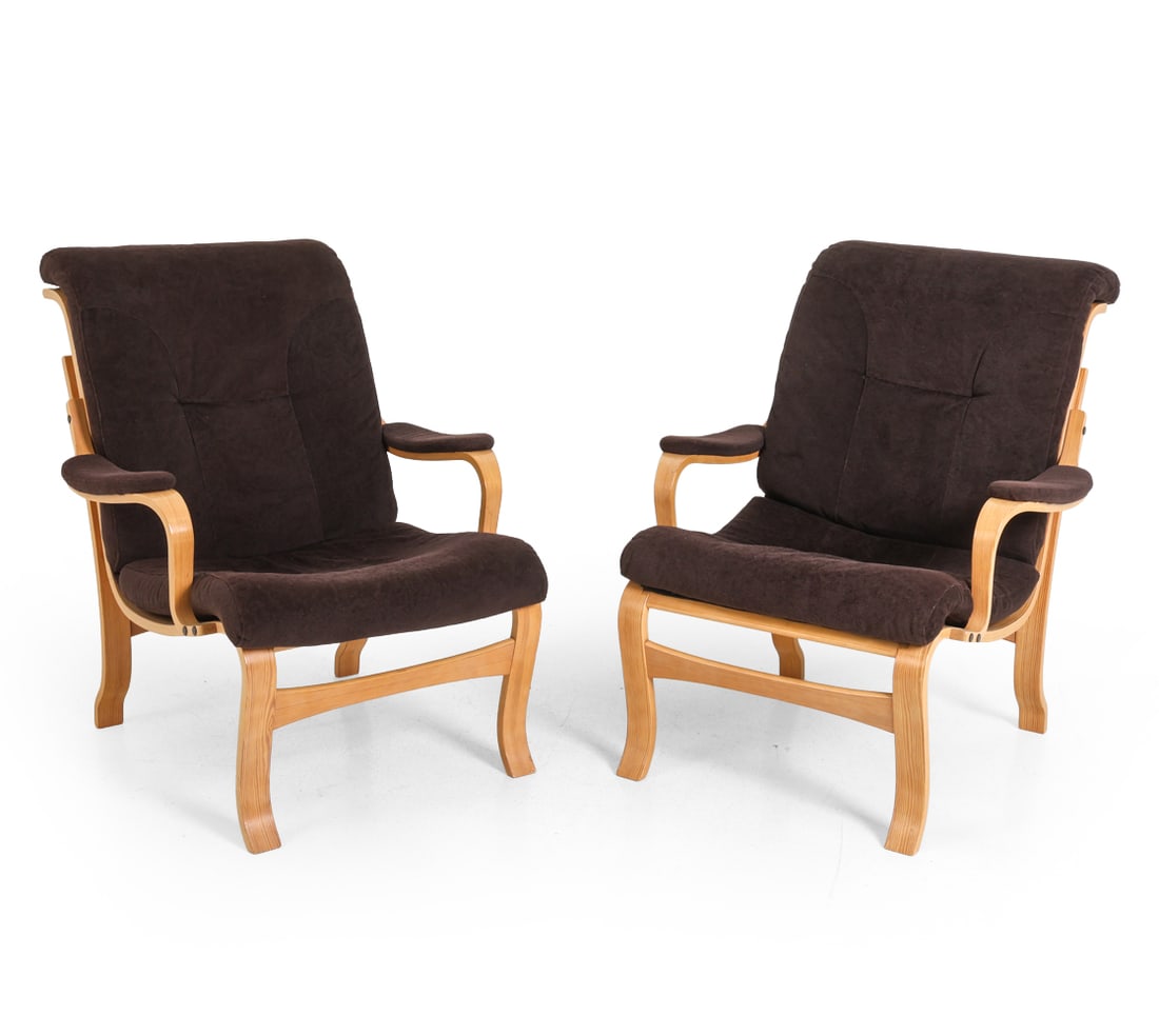 PAIR OSTERGAARD STYLE DANISH PINE LOUNGE CHAIRS (1 of 16)