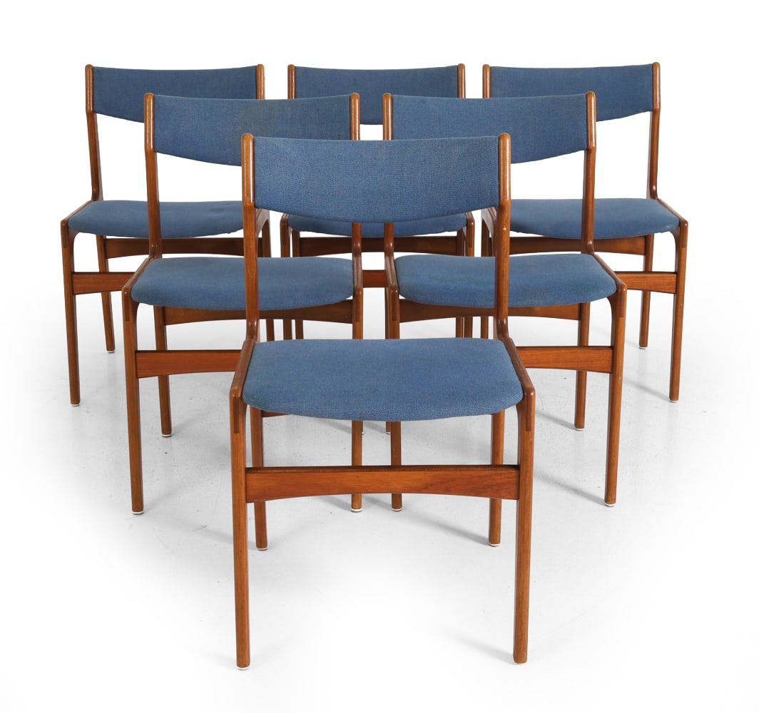 (6) ERIK BUCH DANISH TEAK DINING CHAIRS C. 1960S: Apparently unmarked. Denmark, circa 1960s. Dimensions: H 32.5" x W 19" x D 18" x SH 19" Condition: Wear consistent with age and use. Soiling, marks, fading, discoloration to upholstery. Nicks, rubs