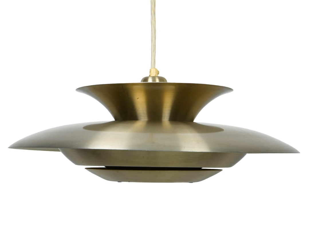 SCANDINAVIAN TIERED SAUCER PENDANT LIGHT: Dimensions: H 15" x w 17" Condition: Minimal scuffs, wear consistent with age and use. Untested.