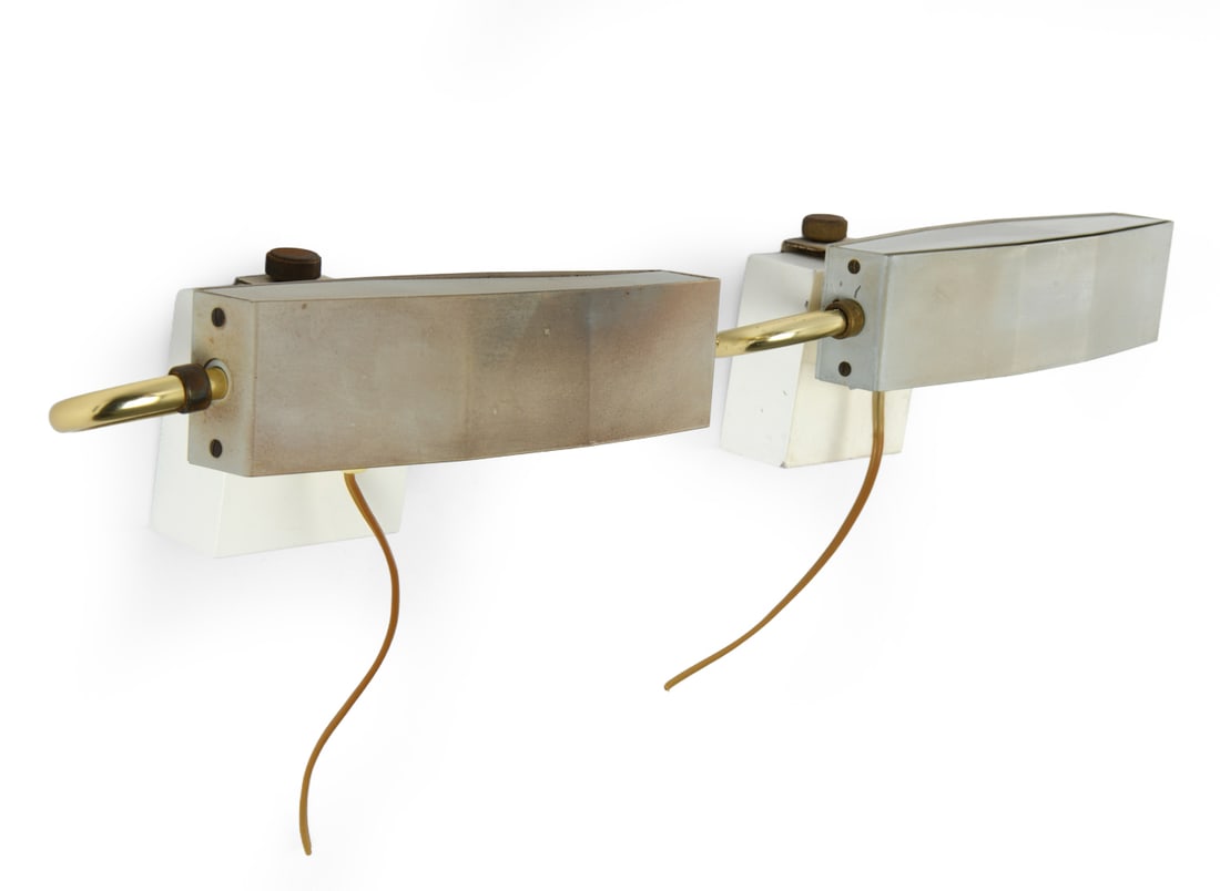 E. S. HORN DANISH WALL SCONCES: Tagged to wall brackets. Dimensions: H 3" x W 12.5" x D 6". Condition: Wiring untested. Scuffs and rubs, slight discoloration. Wear consistent with age and use.