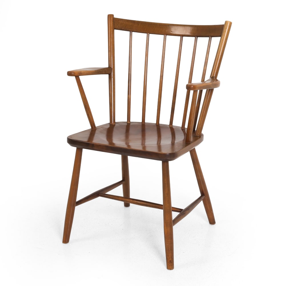 POUL VOLTHER BEECH WINDSOR STYLE ARMCHAIR 1960S: For Farstrup. Marked underneath. Dimensions: H 34.5" x W 24" x D 19.25" x SH 17.75". Condition: Fading and scratches. Wear consistent with age and use. F037