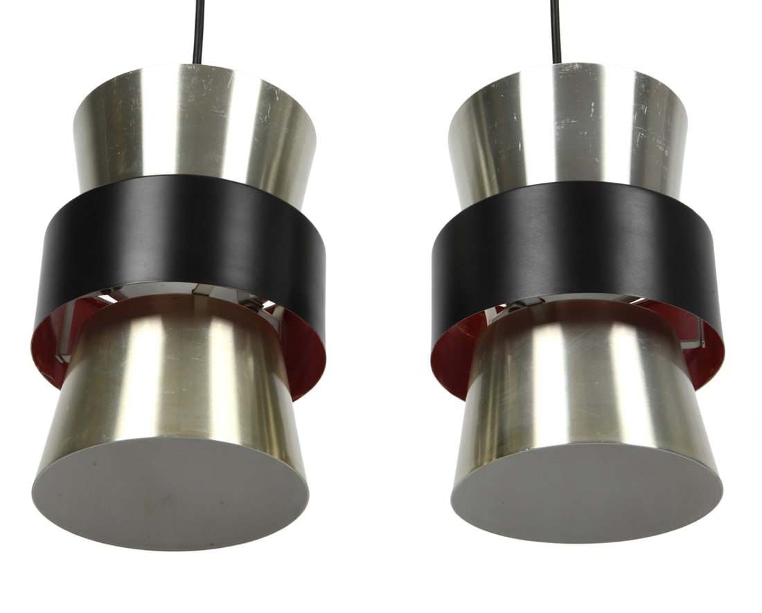 PAIR OF JO HAMMERBORG FOG & MORUP CORONA LIGHTS: (2) Pendant lights, designed by Jo Hammerborg for Fog & Morup. Apparently untagged. Denmark, circa 1960s. Dimensions: H 9" x Dia. 6.75". Condition: Wiring untested. Scratches. Missing screw to one. We