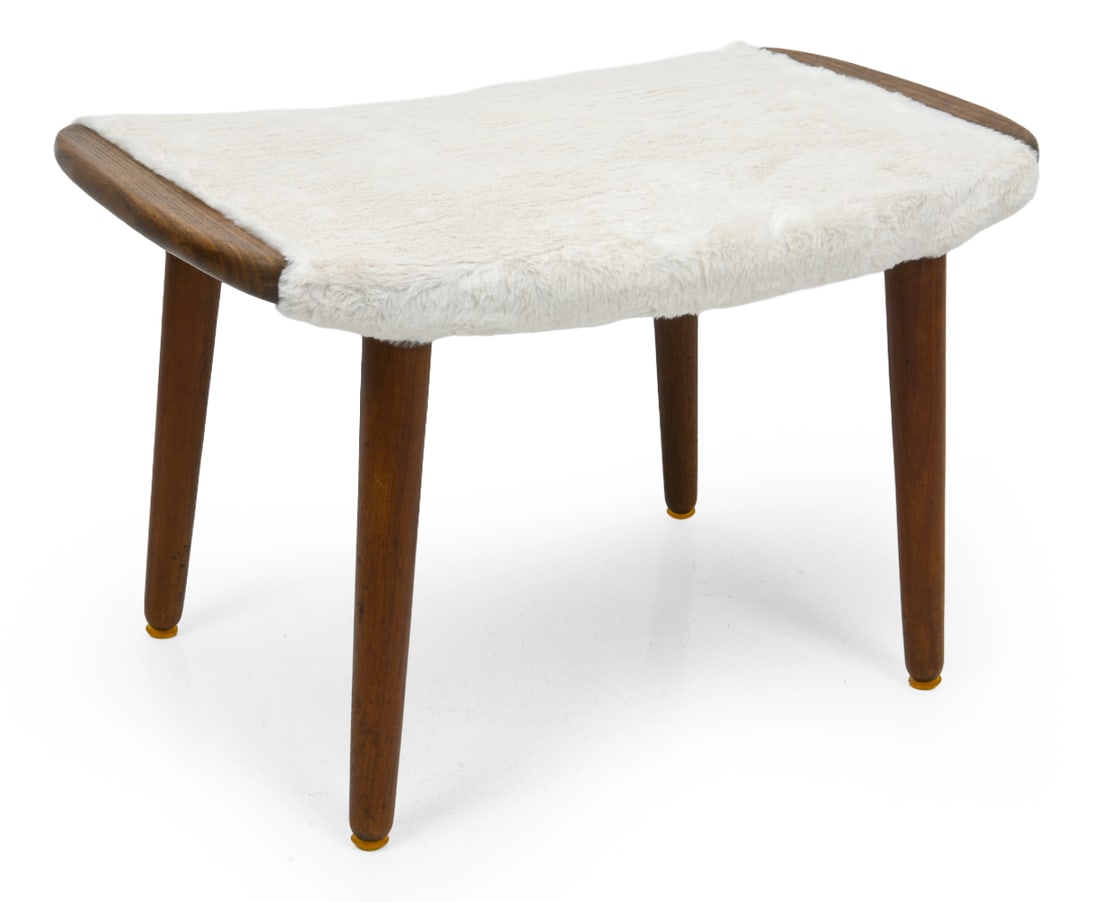 DANISH TEAK & FAUX FUR OTTOMAN C. 1960S: Apparently unmarked. Denmark, circa 1960s. Dimensions: H 16" x W 24" x D 15" Condition: Wear consistent with age and use. Nicks, minor dings to legs. F073