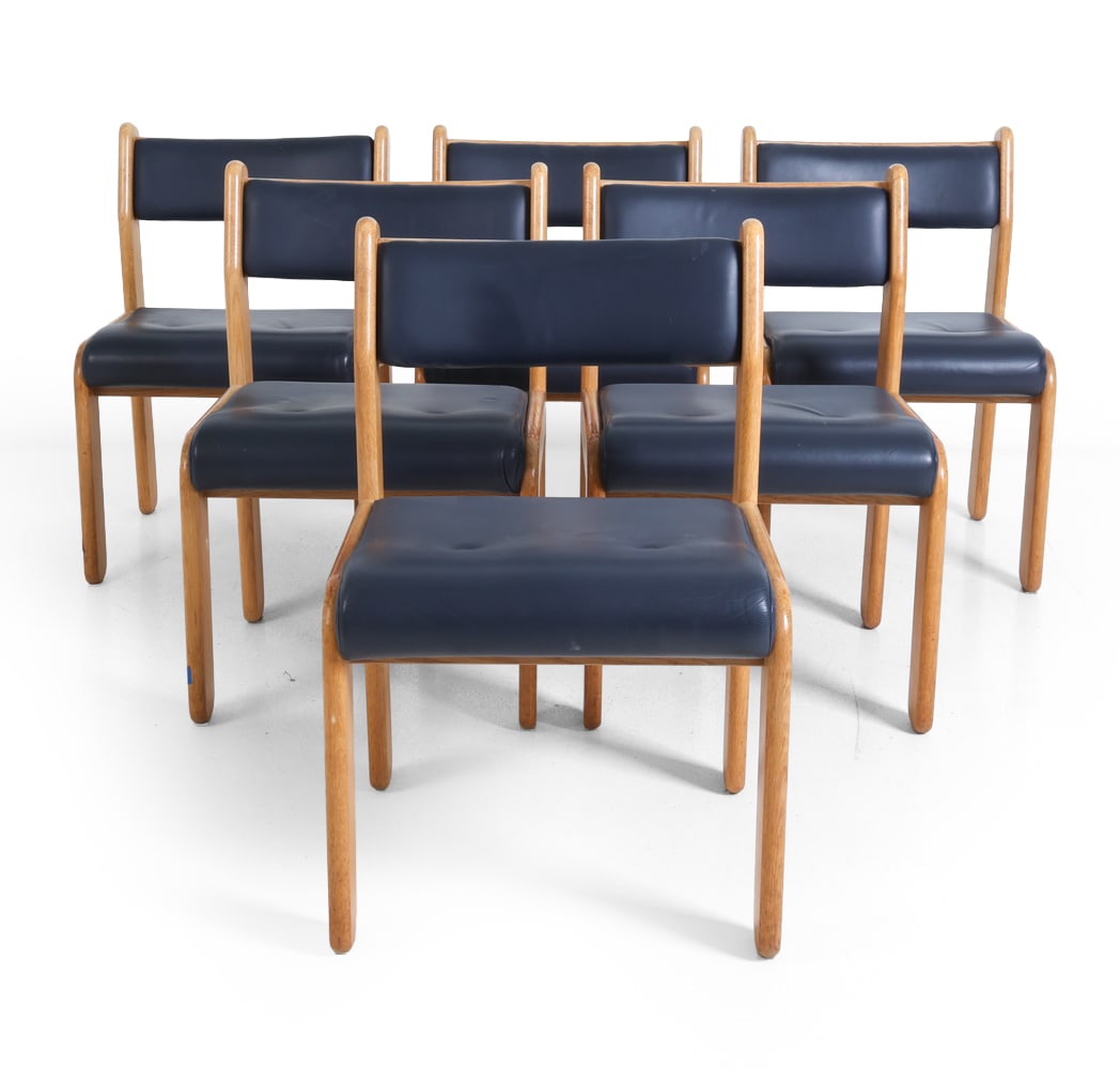 (6) ATTR HANS FRYDENDAL BOLTINGE OAK DINING CHAIRS: Dark navy tone tufted vinyl upholstered chairs. Apparently unmarked. Denmark, circa 1970s. Dimensions: H 30.5"x W 19.5" x D 21.5" x SH 17.5". Condition: Wear consistent with age and use. Some nicks,