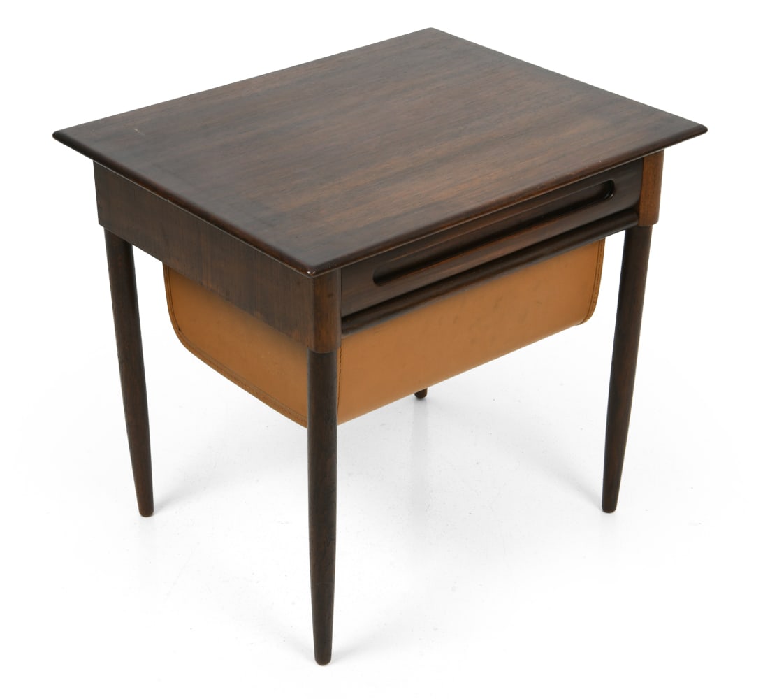 DANISH TEAK & LEATHER SEWING TABLE C. 1960S: Dimensions: H 20.5" x W 22.5" x D 18.5". Condition: Scuffs, dings, and scratches to wood. Wear consistent with age and use. F177