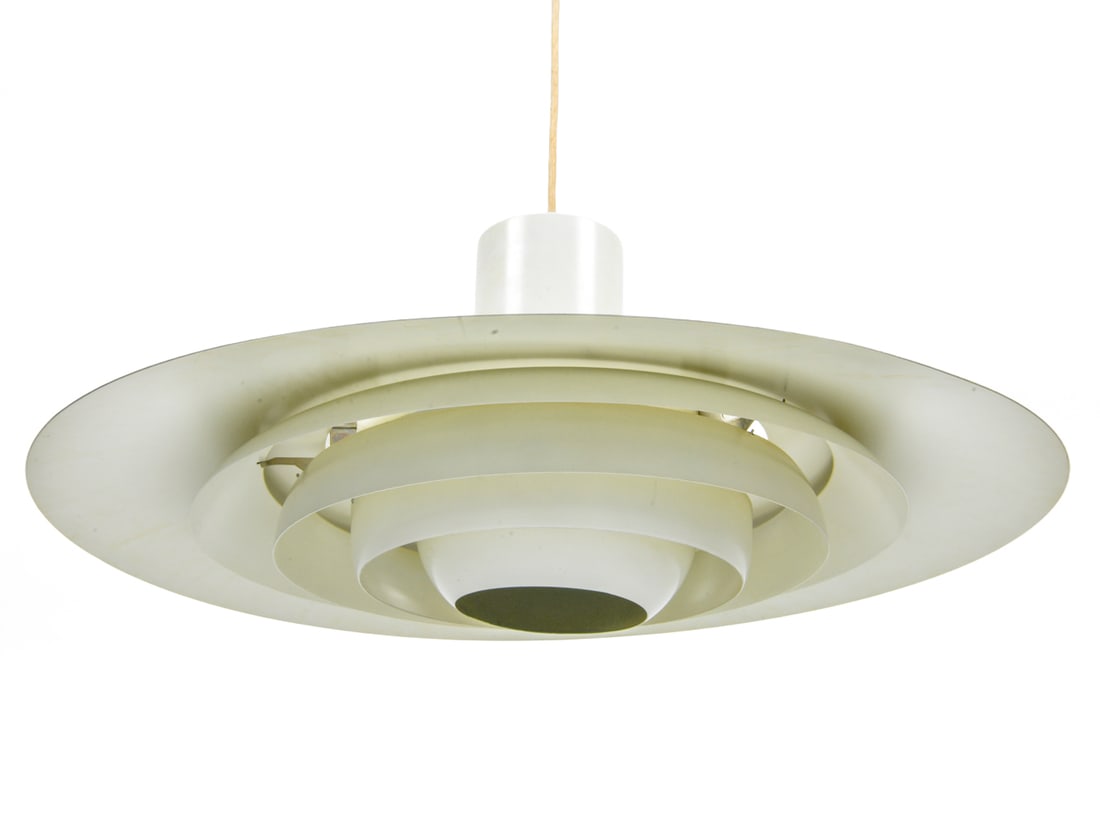 KASTHOLM & PREBEN WHITE ENAMELED PENDENT LAMP: Danish, circa 1963. Dimensions: H 18" x W 26" Condition: Discoloration on top and underneath discs. Wear consistent with age and use. Untested.