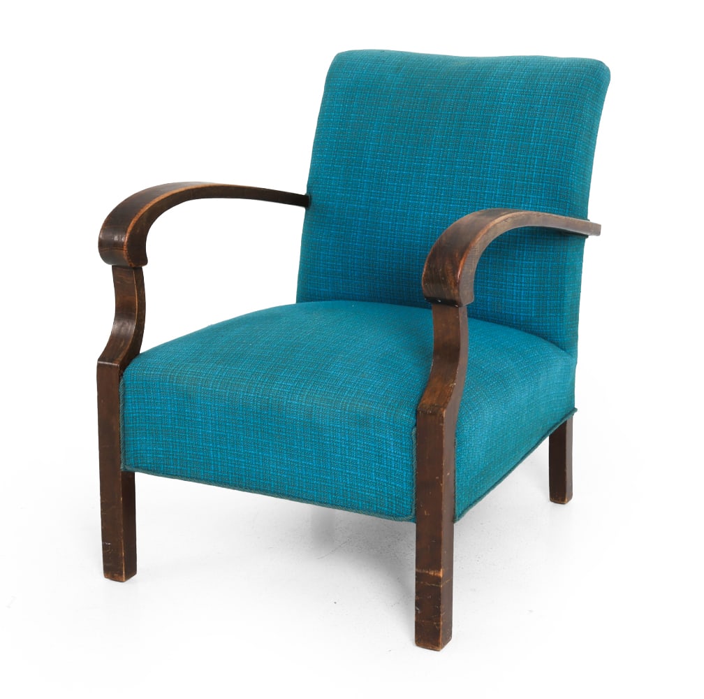 DECO STYLE SCANDINAVIAN LOUNGE CHAIR C. 1950S: Dimensions: H 33.25" x W 25" x D 27" x SH 15.25". Condition: Fading and rubs to arms. Few faint discolored spots to fabric. Wear consistent with age and use. F082