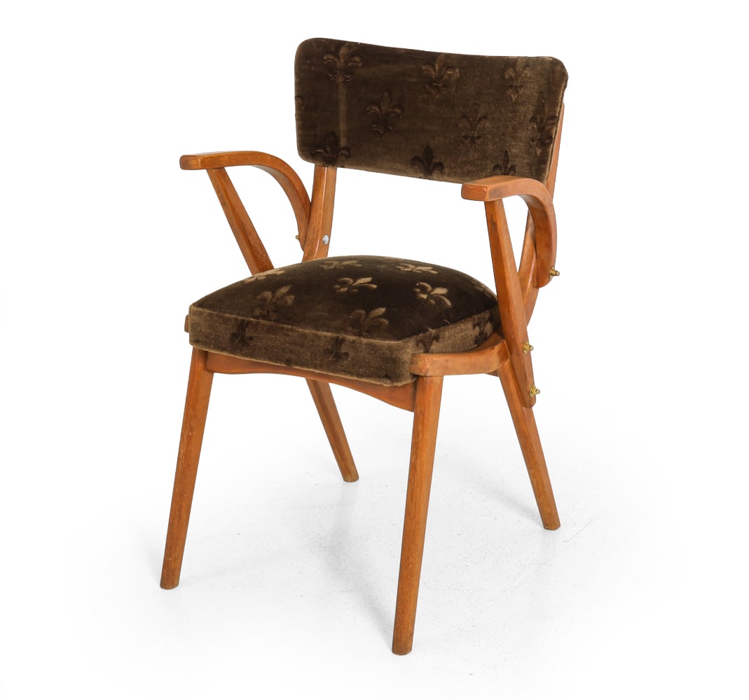 SCANDINAVIAN VELOUR ARMCHAIR C. 1950S: Stained beech frame and Fleur-de-lis pattern velour upholstery. Scandinavian, circa 1950s. Dimensions: H 32" x W 21.5" x D 21" x SH 19.25". Condition: Scuffs, scratches, and rubs to wood. Wear