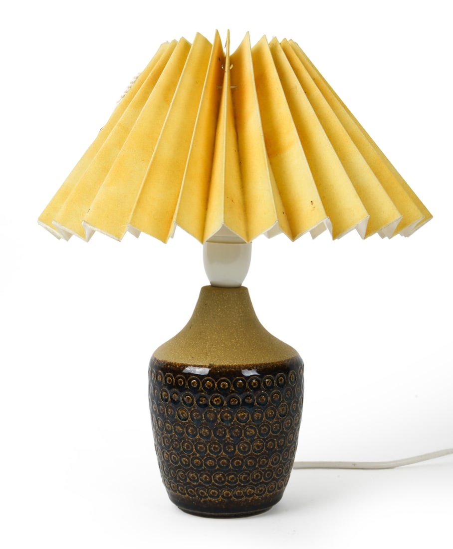 SOHOLM STENTOJ DANISH CERAMIC TABLE LAMP: Signed underneath. Dimensions: H 14.5" x Dia. 12". Condition: Wiring untested, cord cut. Discoloration to shade. Wear consistent with age and use.
