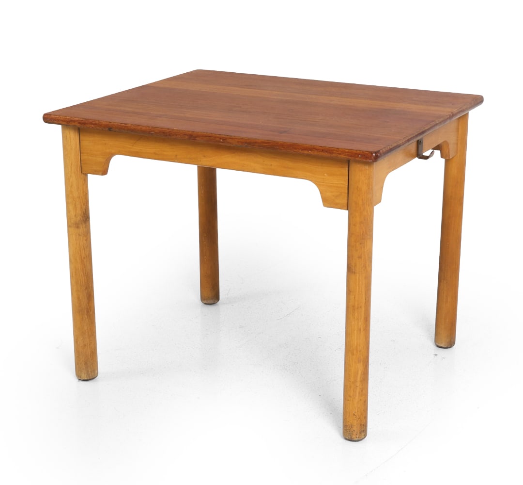 DANISH TEAK COFFEE TABLE C. 1970S: Dimensions: H 22.5" x W 27.75" x D 24". Condition: Possibly had a leaf. Scratches, scuffs, and dings. Wear consistent with age and use. F179