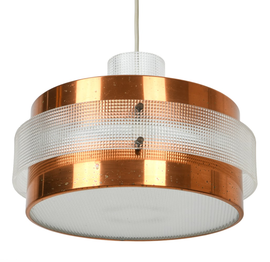 SCANDINAVIAN COPPER & ACRYLIC PENDANT LIGHT: Dimensions: H 9" x Dia. 11". Condition: Wiring untested. Light scuffs to metal. Wear consistent with age and use.