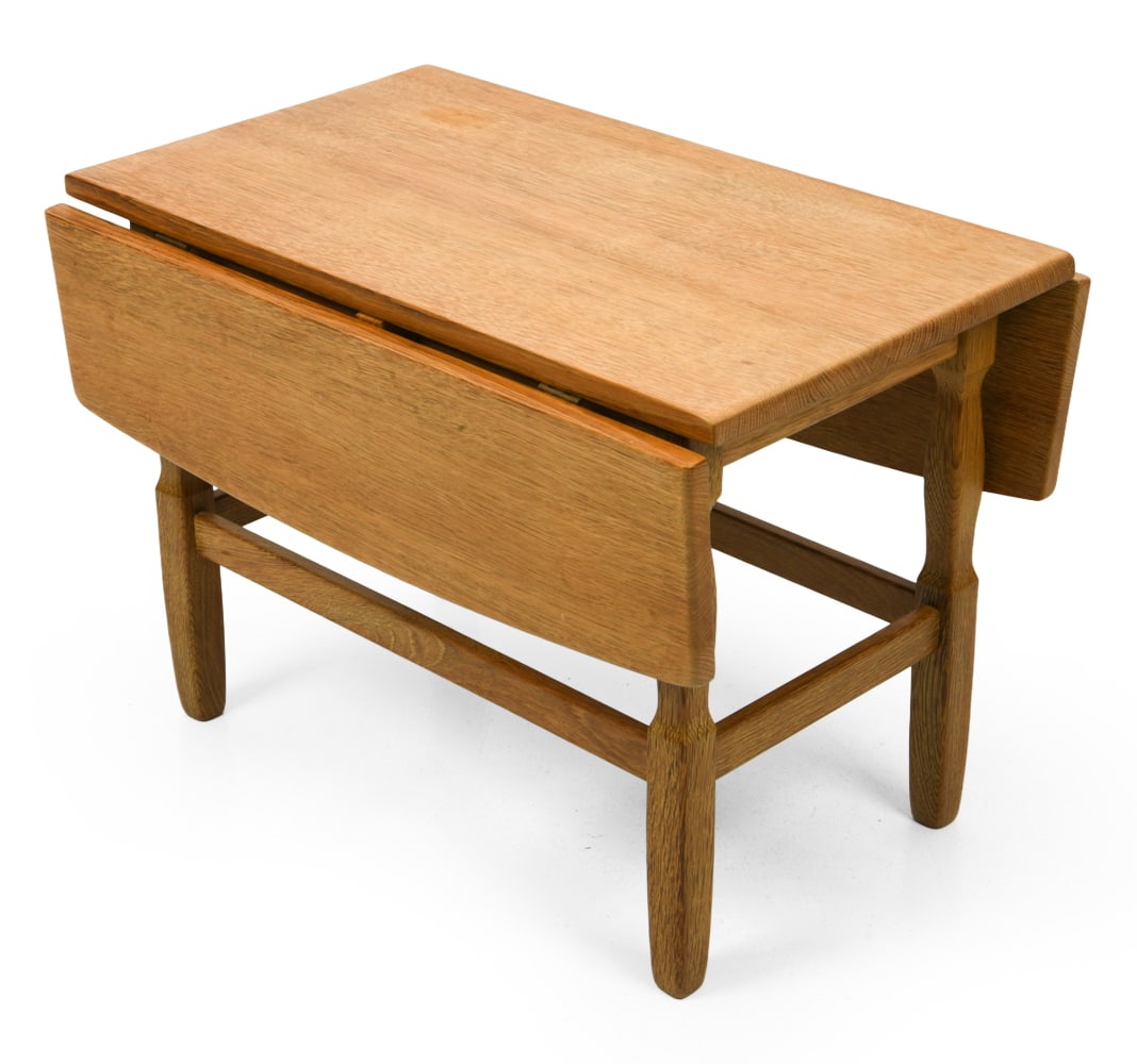 HENNING KJAERNULF STYLE DROP-LEAF COFFEE TABLE: Dimensions: H 19.75" x W 15.75" x D 28". Leaves W 8". Condition: Faint water spots. Wear consistent with age and use. F055