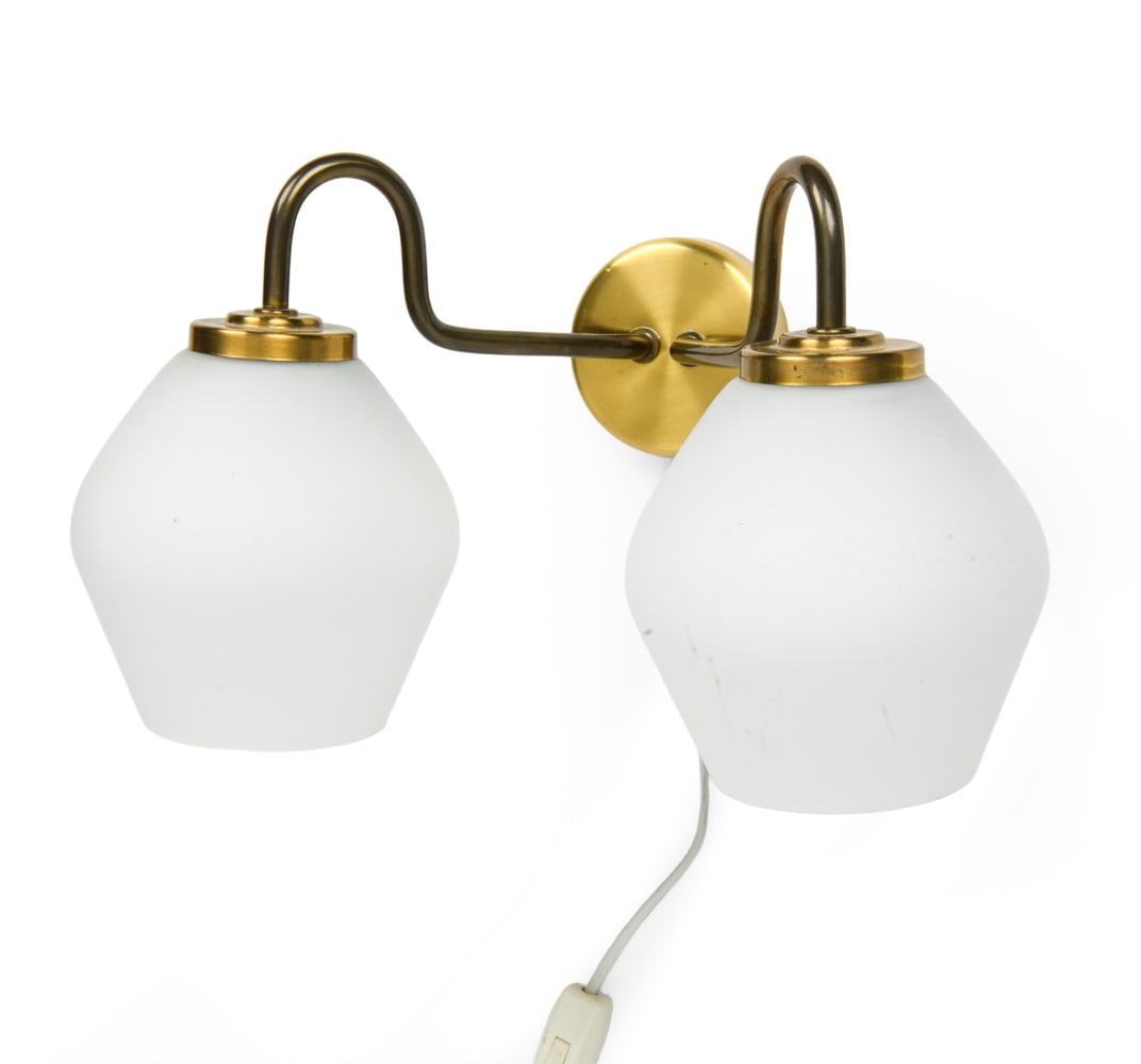LOUIS POULSEN STYLE BRASS & GLASS WALL SCONCE: Dimensions: H 9" x W 13.75" x D 9.5". Condition: Wiring untested. Light scuffs to brass and glass. Wear consistent with age and use.