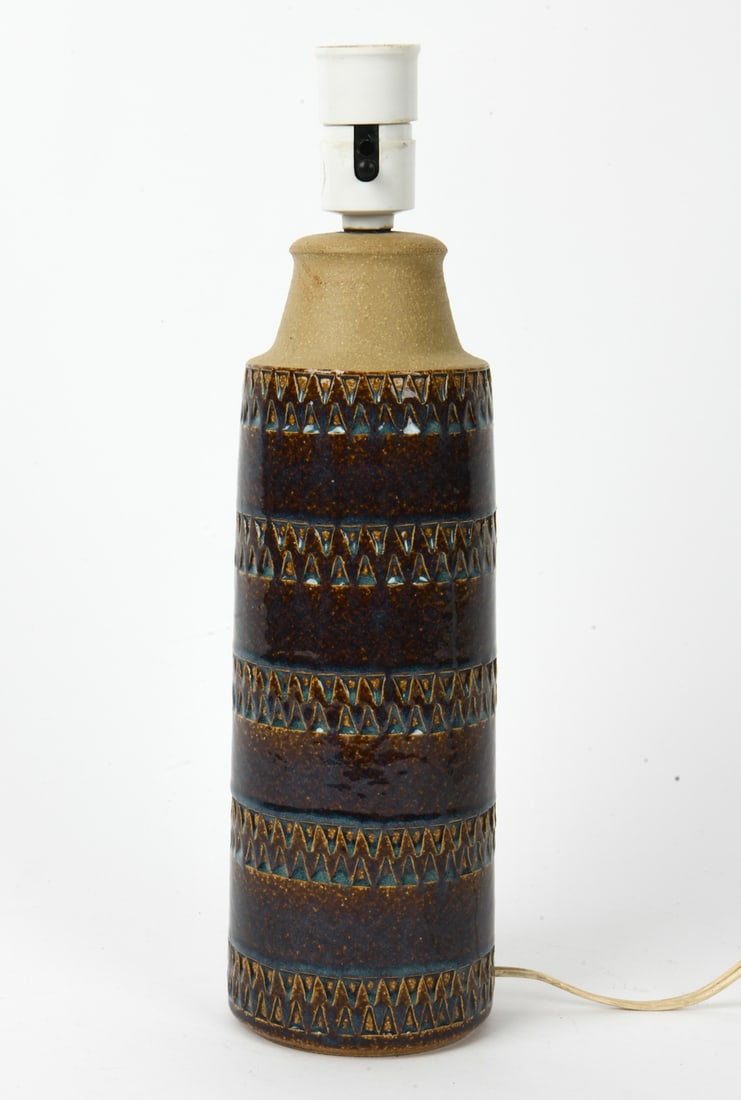 SOHOLM STENTOJ DANISH CERAMIC TABLE LAMP: Marked underneath. Denmark, circa 1960s. Dimensions: H 15" x Dia. 4". Condition: Wiring untested. Wear consistent with age and use.