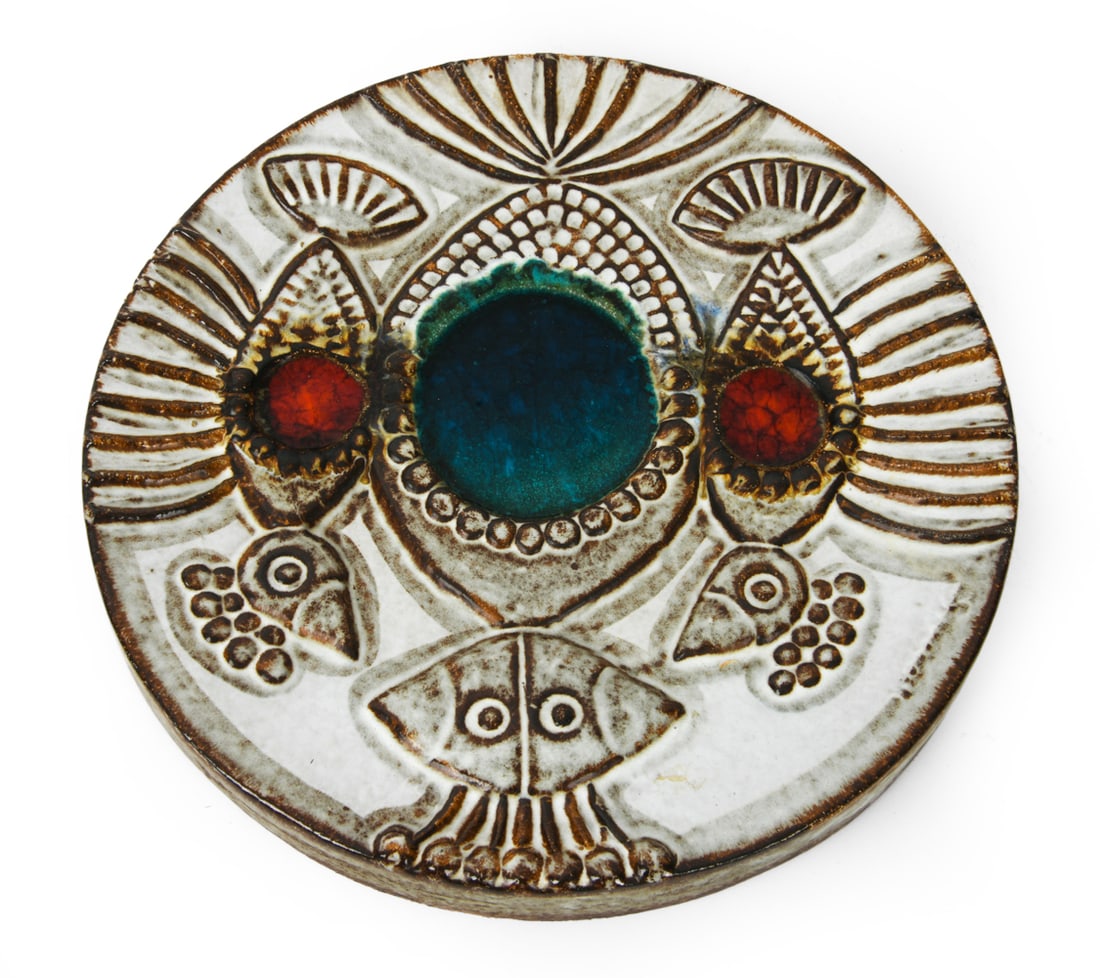 SOHOLM STENTOJ DANISH CERAMIC WALL PLAQUE C. 1970S: Marked on back. Dimensions: Dia. 13.5". Condition: Light scuffs. Wear consistent with age.