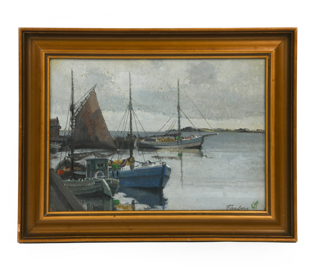 SINDING CHRISTENSEN (1898-1980) HARBOR SCENE O/C: Signed to lower right corner. Denmark, circa 20th century. Oil on canvas. Dimensions: Frame H 11.75" x W 15.25". Canvas H 9" x W 12.75". Condition: Light scuffs to frame. Wear consistent with age and