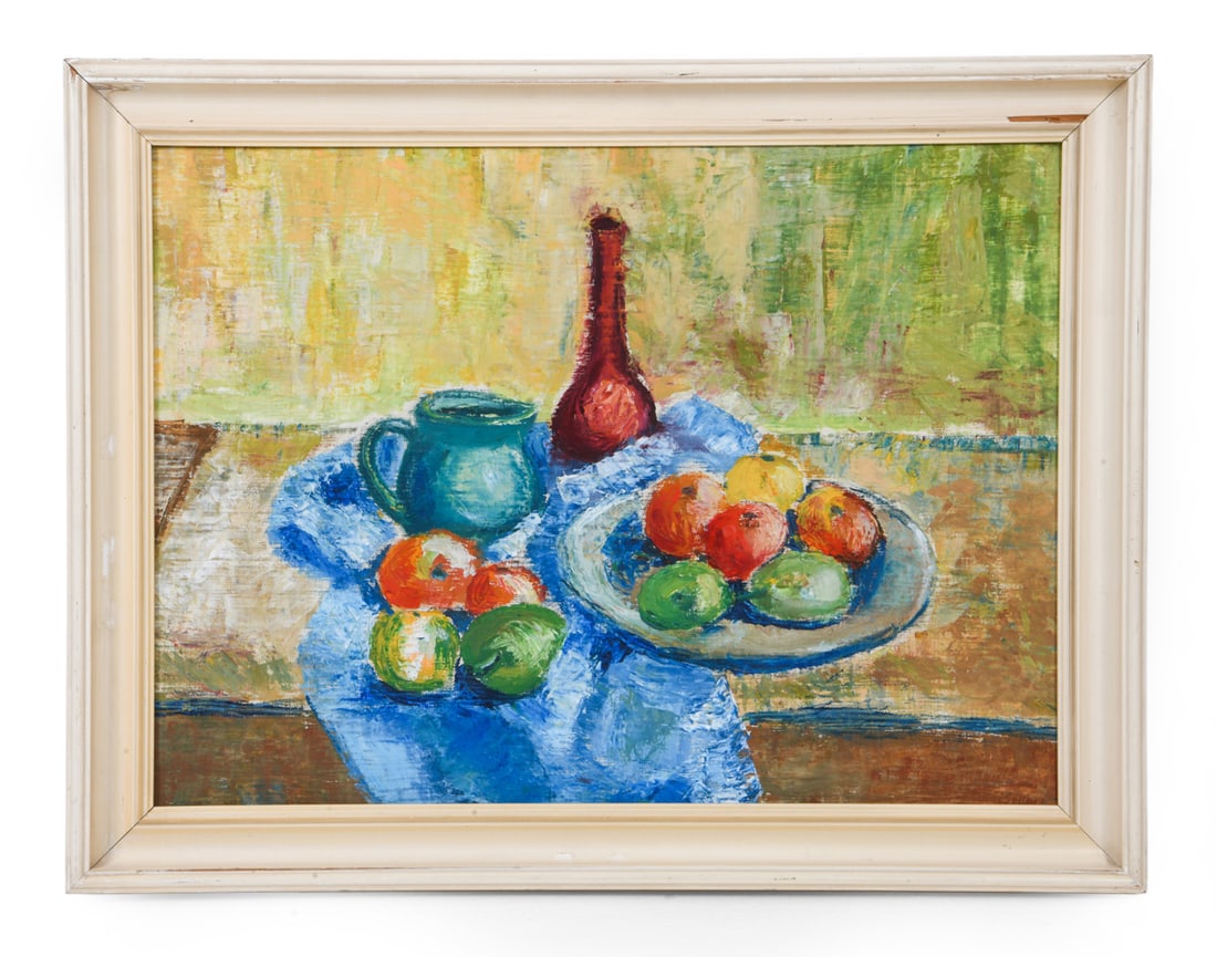 VINTAGE DANISH STILL LIFE OIL ON CANVAS PAINTING: Illegible signed and dated lower right. Denmark, circa 20th century. Dimensions: (Frame) H 20.5" x W 27" (Canvas) H 17.25" x W 23.5" Condition: Wear consistent with age and display. Loss to frame.