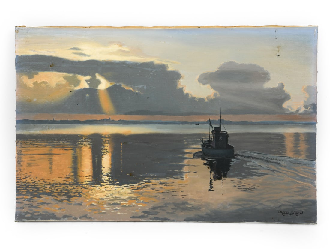 FREDDI LARSEN (B. 1954) DANISH NAUTICAL SCENE O/C: Signed lower right. Oil on canvas. Circa 20th century. Dimensions: H 15.25" x W 23.5" Condition: Scuffs and marks. Wear consistent with age and display.