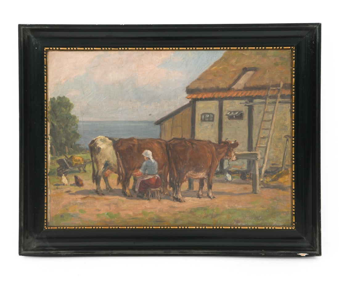 DANISH FARM SCENE OIL ON CANVAS PAINTING: Illegible signature. Dimensions: (Frame) H 16" x W 20.5" (Canvas) H 13" x W 17.5" Condition: Minimal scuffs and a chip on frame. Wear consistent with age and display.