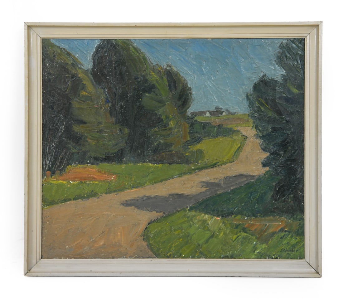 SCHIBLER (DANISH) COUNTRY SIDE LANSCAPE O/C: Signed lower right. Oil on canvas. Dimensions: (Frame) H 27" x 23.25" (Canvas) H 21" x W 24.75" Condition: Minimal scuffs to frame. Wear consistent with age and use.