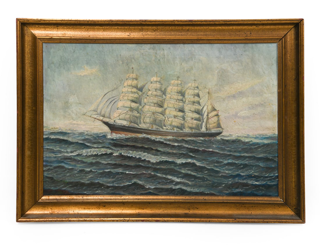 ANTIQUE DANISH MARITIME SCENE O/C PAINTING: Indistinctly signed lower right. Denmark, circa Early 20th century. Oil on canvas. Dimensions: (Frame) H 22" x W 31" (Canvas) H 18" x W 26.25" Condition: Minimal scuffs on frame and splitting at one c