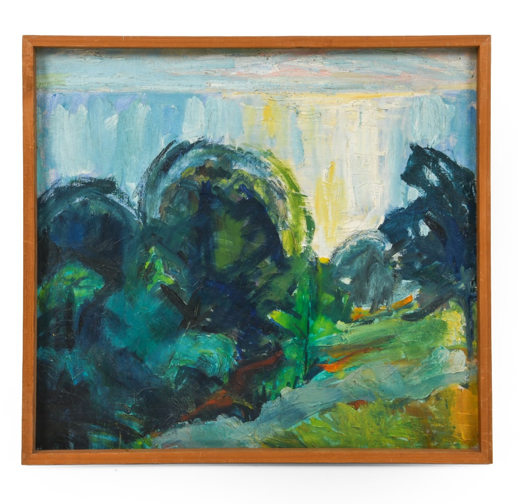 DANISH ASBTRACT EXPRESSIONIST LANDSCAPE O/C: Apparently unsigned. Oil on canvas. Circa 20th century. Dimensions: (Frame) H 24.5" x W 26.75" (Canvas) H 23.5" x W 25.75" Condition: Minimal scuffs on frame. Wear consistent with age and display.