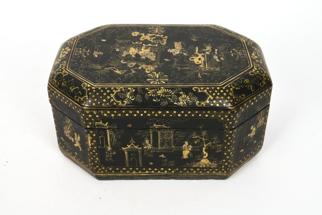 CHINESE EXPORT BLACK LACQUER SEWING BOX - 11