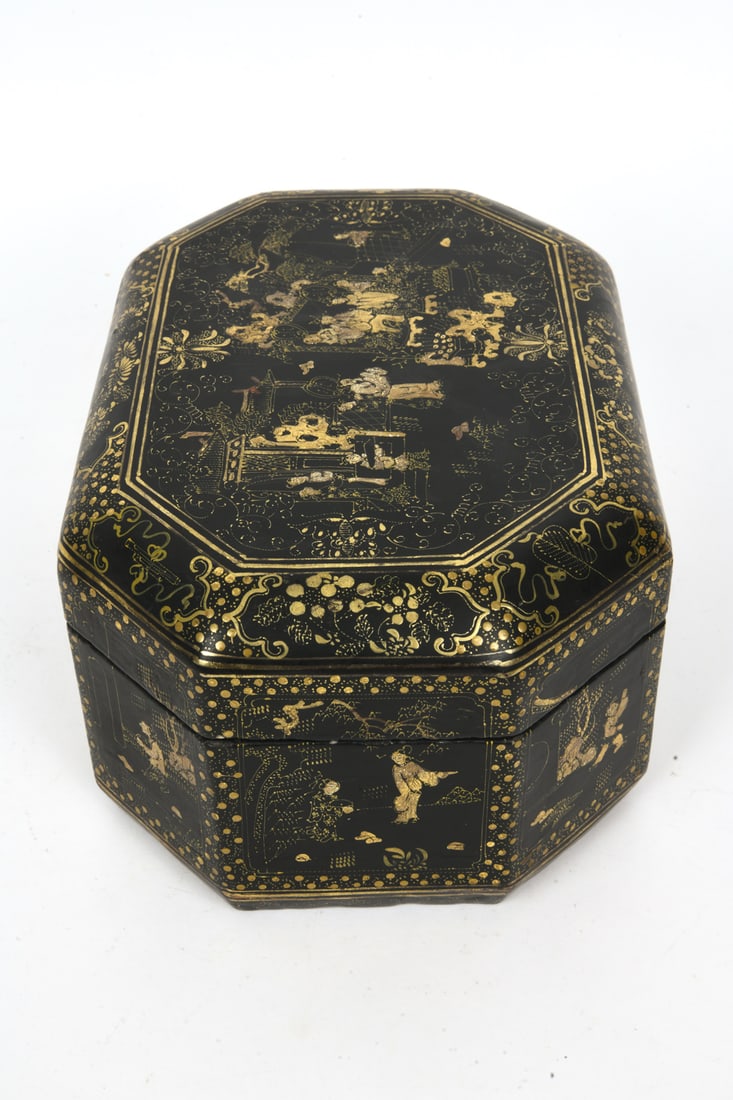 CHINESE EXPORT BLACK LACQUER SEWING BOX - 12