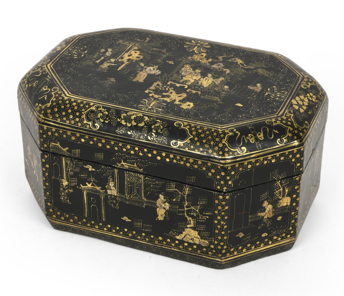 CHINESE EXPORT BLACK LACQUER SEWING BOX: Sewing box with gilt decoration featuring landscapes and figures. Red finish to interior. Signed underneath. Dimensions: H 6" x W 12" x D 8.75". Condition: Light scuffs and rubs. Wear consistent with