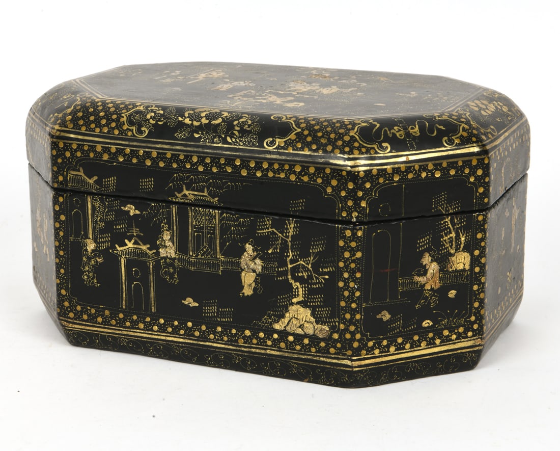 CHINESE EXPORT BLACK LACQUER SEWING BOX - 2