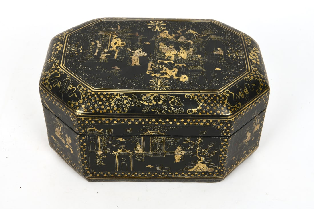 CHINESE EXPORT BLACK LACQUER SEWING BOX - 3