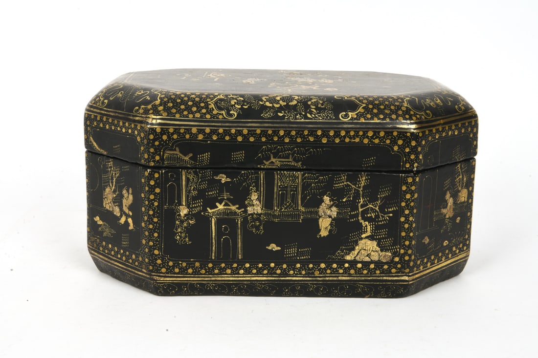 CHINESE EXPORT BLACK LACQUER SEWING BOX - 4
