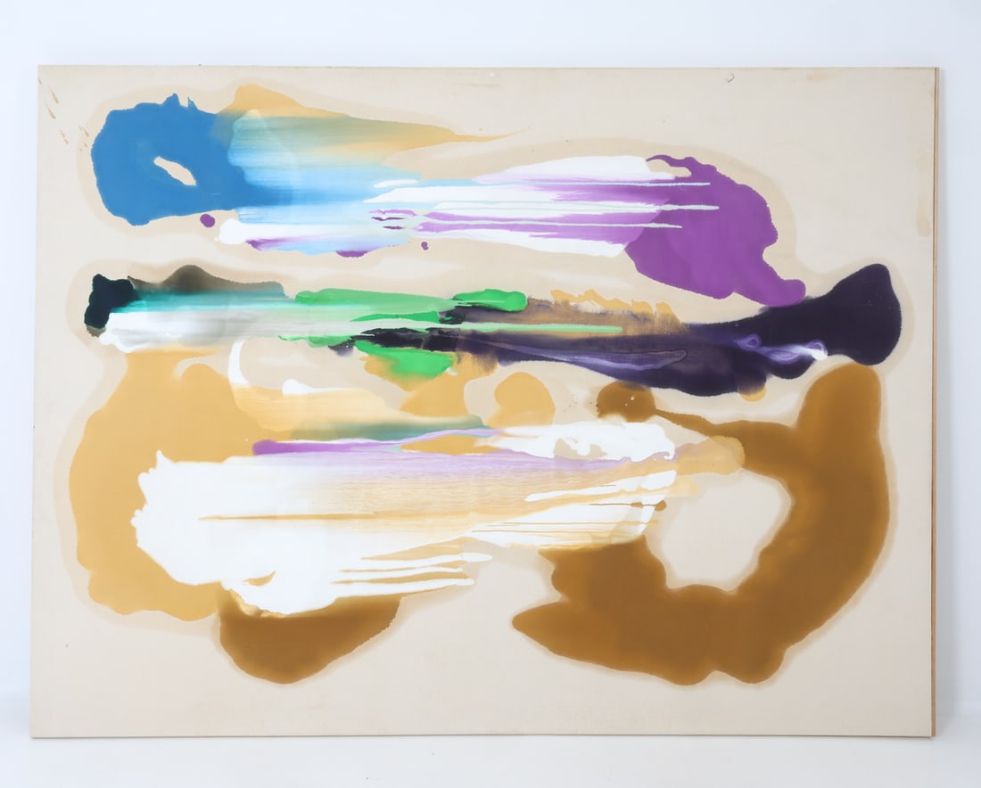 CHARLES SCHUCKER (1908-1998) ABSTRACT O/C: Large contemporary abstract oil painting featuring bright colors with a cream colored background. Signed and dated 75 on backside of canvas. Dimensions: H 78" x W 103" Condition: Wear consistent with