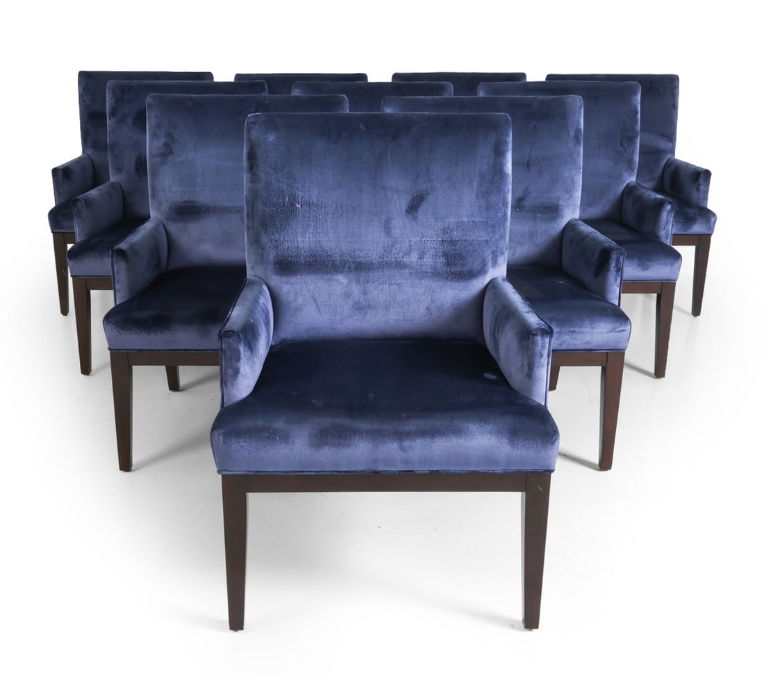 (10) HOLLY HUNT STYLE VELVET DINING CHAIRS: Dimensions: H 39" x W 25" x D 24" x SH 19". Condition: Faint scuffs to legs. Few faintly discolored spots. Wear consistent with age and use.