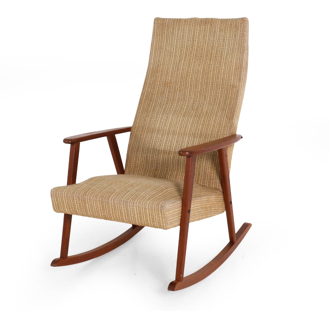 JOHANSON DESIGN SWEDISH TEAK ROCKING CHAIR: Dimensions: H 39.5" x W 24.5" x D 32" x SH 15.5". Condition: Fabric is faded, worn, and torn- reupholstering recommended. Rubs and few water spots to wood. Wear consistent with age and use.
