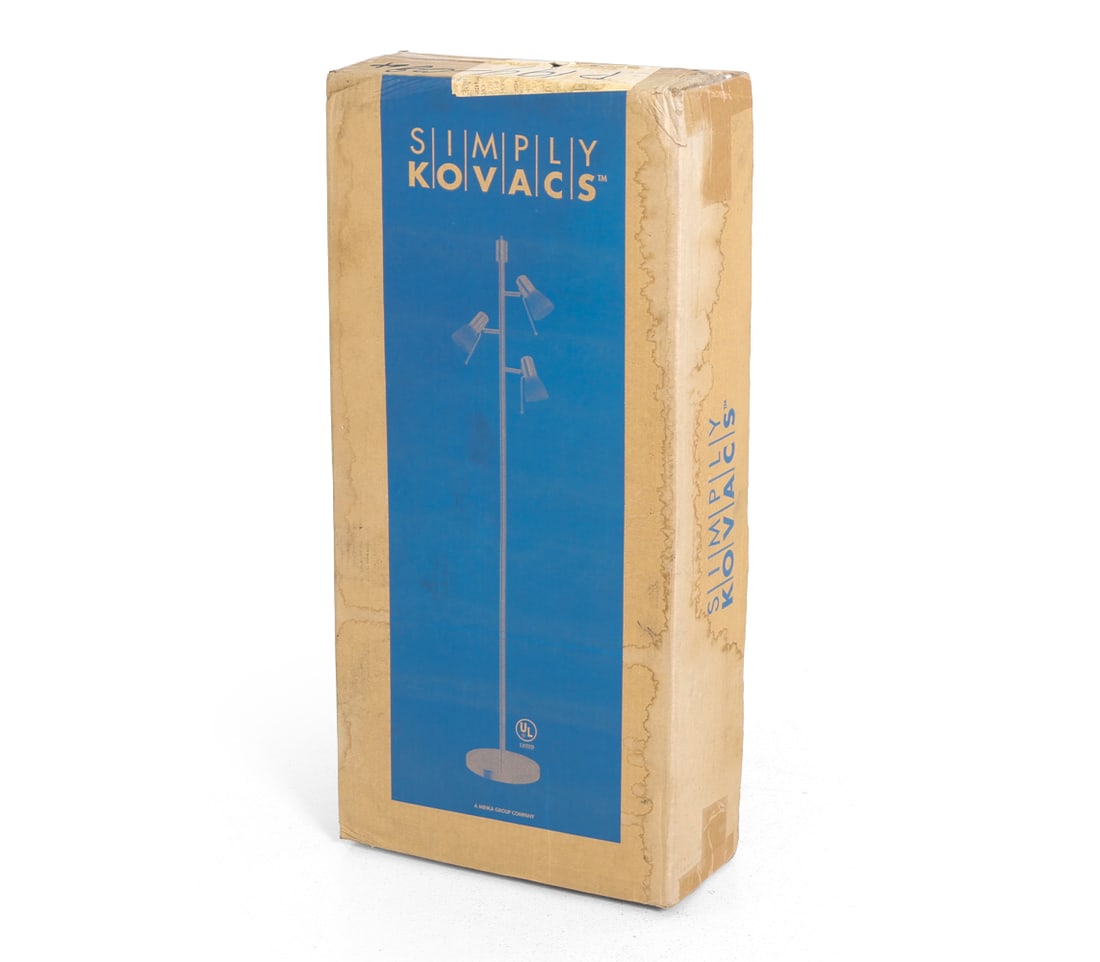 GEORGE KOVACS BRUSHED NICKEL FLOOR LAMP: Model number P199-084, brushed nickel finish with bell glass shades. Still in original box, never opened. Dimensions: H 25.75" x W 12.25" x D 5" Condition: Not examined out of box, still sealed. Box