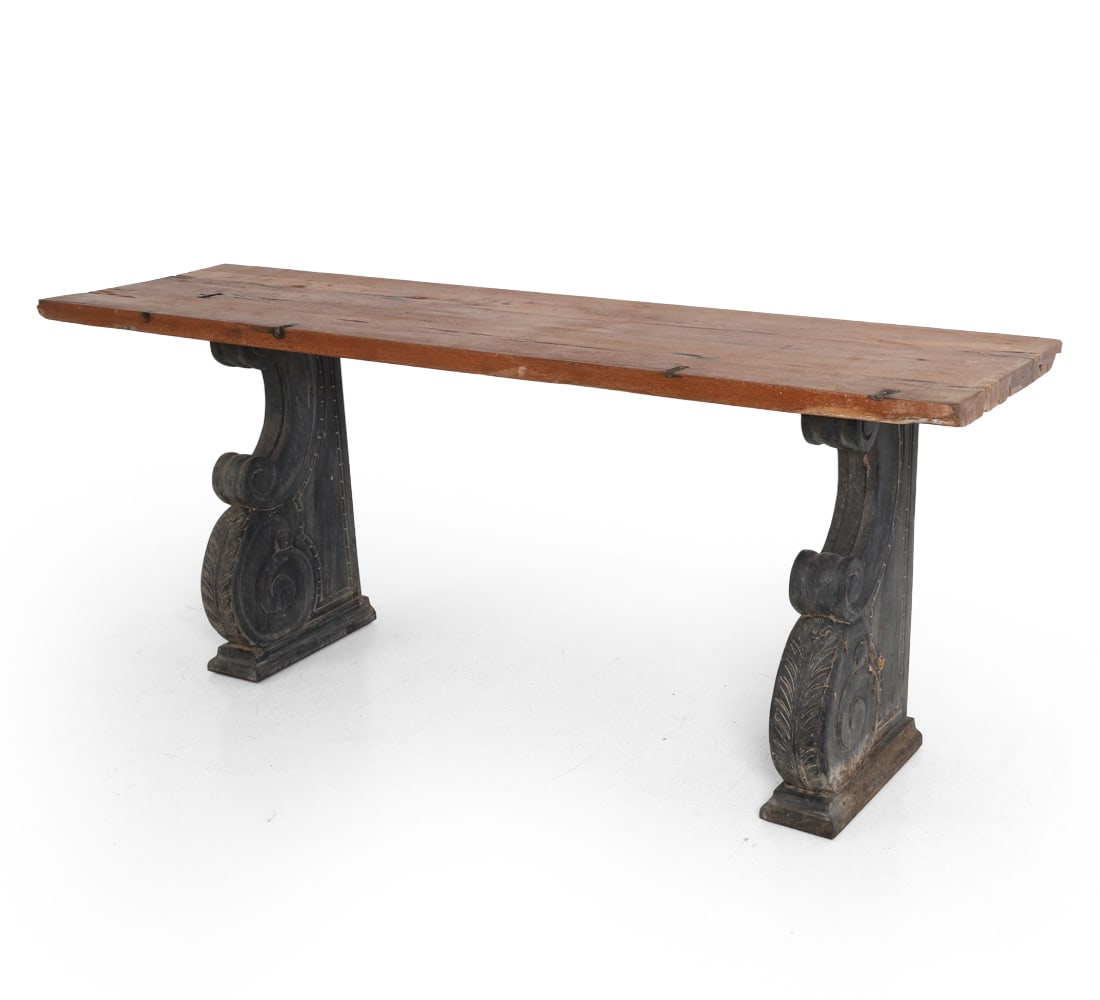 RUSTIC STYLE ARCHITECTURAL CORBEL CONSOLE TABLE: Dimensions: H 32" x W 75" x D 20". Condition: Scuffs, scratches, dings. Splits to top. Wear consistent with age and use.